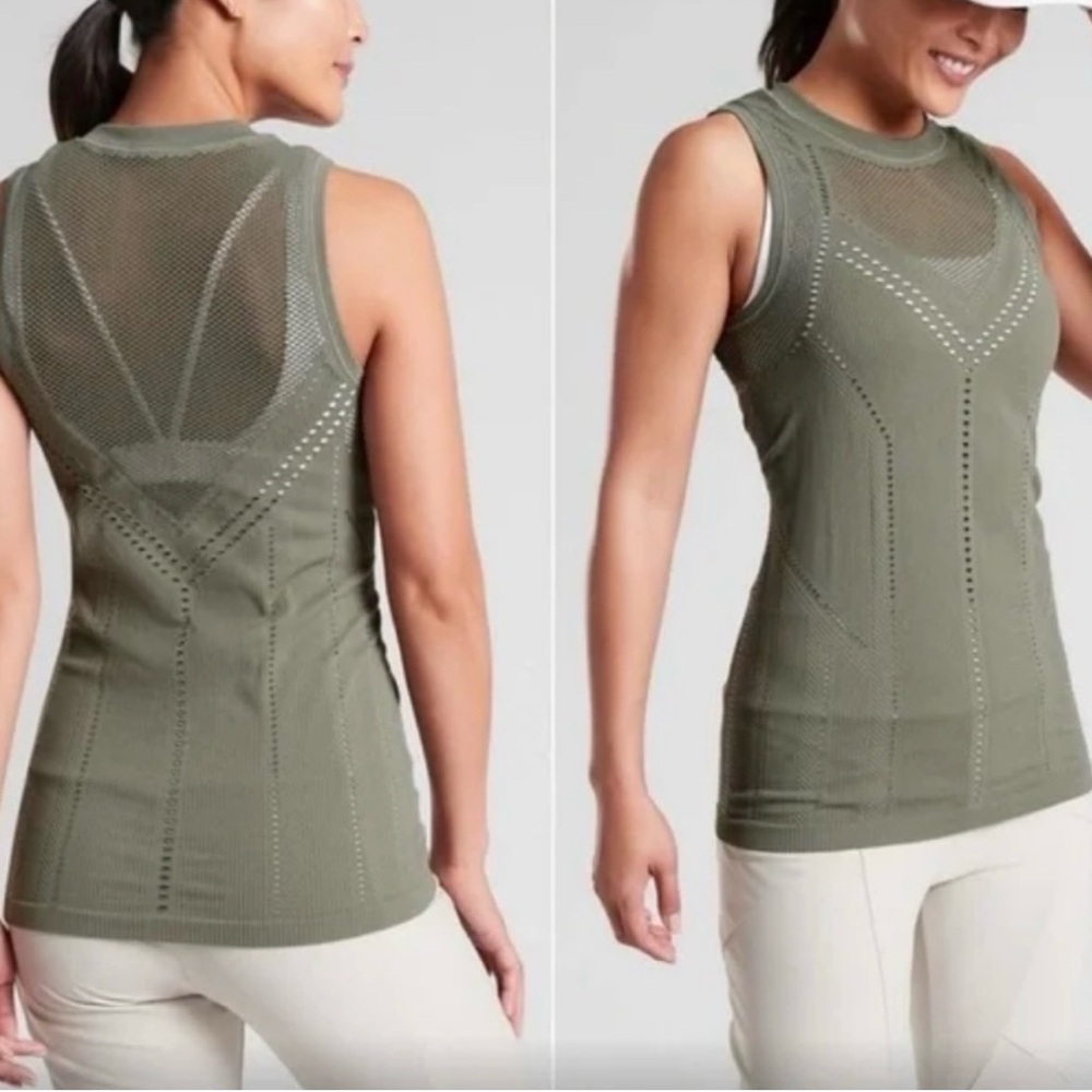 ATHLETA OXYGEN LASERCUT SEAMLESS YOGA RUN WORKOUT TANK TOP LAUREL OLIVE GREEN XS